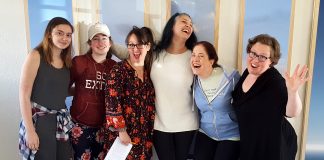 Photo by Don Lipps - Pay What You Can Acting Class participants (from left to right) Isabella Owens, Cadence Smith, Jill Fischer, Michelle Parsneau, and Christi Smith join instructor Amanda Joy Hauman for a time of learning and fun!