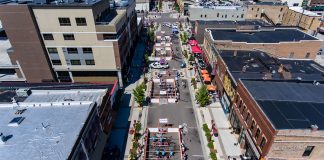 Photo courtesy of Greater Mankato Area United Way. Aerial shot of Front Street and the 2017 Human Foosball tournament.