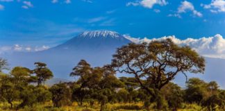 Mount Kilimanjaro and its three volcanic cones, Kibo, Mawenzi and Shira, is a dormant volcano in Tanzania and the highest peak in Africa