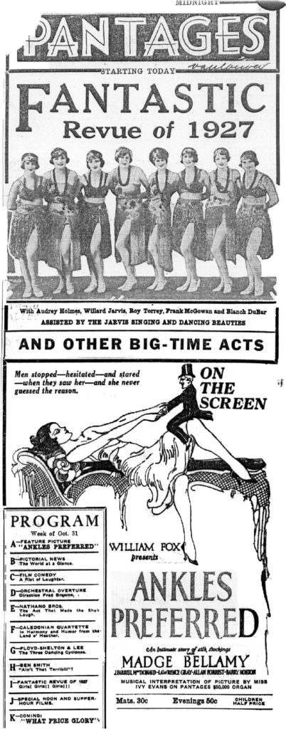 Image courtesy Muriel Kuebler Berndt - Advertisement for the Pantages Fantastic Revue of 1927