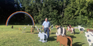 Photo by Mike Lagerquist - Arnie Lillo walks among the 46 pairs of animals created displayed 2-by-2 on his property. The ark he created from Colorado blue spruce will be placed under the rainbow.