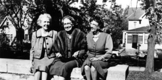 Photo from The Mankato Free Press - The Immortal Trio - L-R: Frances Kenney Kirch (Tacy), Maud Hart Lovelace (Betsy), and Marjorie Gerlach Harris (Tib). This photograph was taken outside Lincoln School (now Lincoln Community Center) in October 1961 when the three attended “Betsy-Tacy Days” in Mankato.