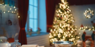 A beautiful kitchen decorated for holidays.