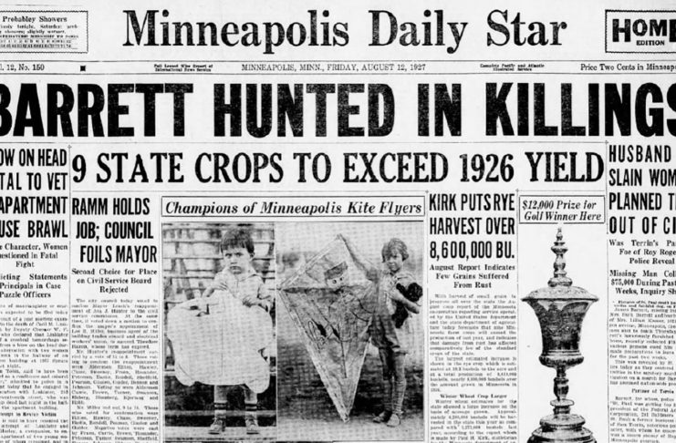 Minneapolis Daily Star - August 12, 1927 describing the hunt for James Barrett